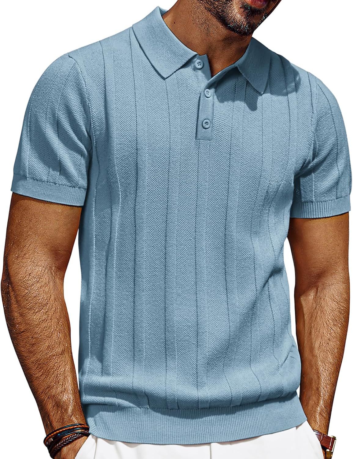 Mens Polo Shirts Short Sleeve Textured Knit Polo Shirt Ribbed Casual Golf Shirts