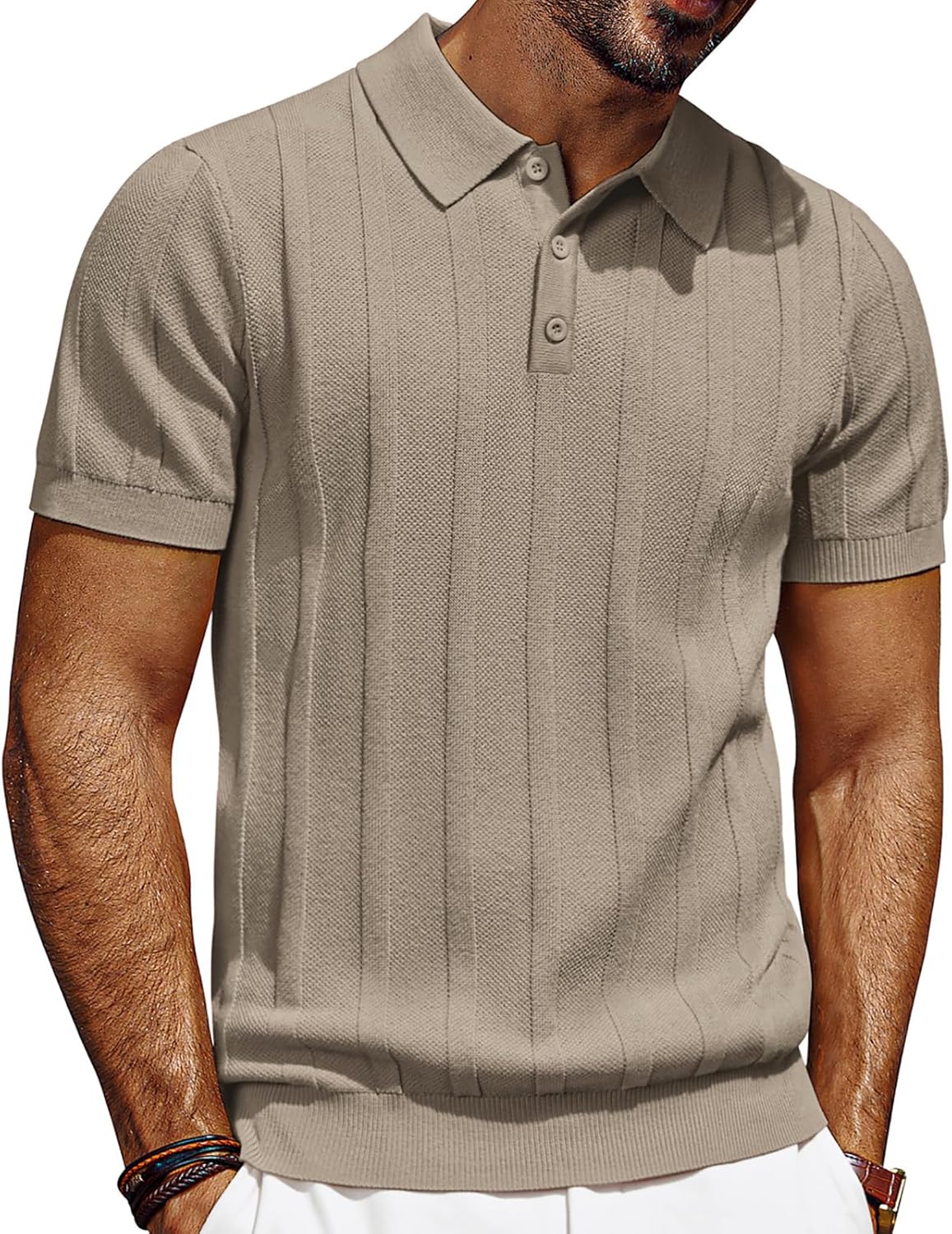 Mens Polo Shirts Short Sleeve Textured Knit Polo Shirt Ribbed Casual Golf Shirts