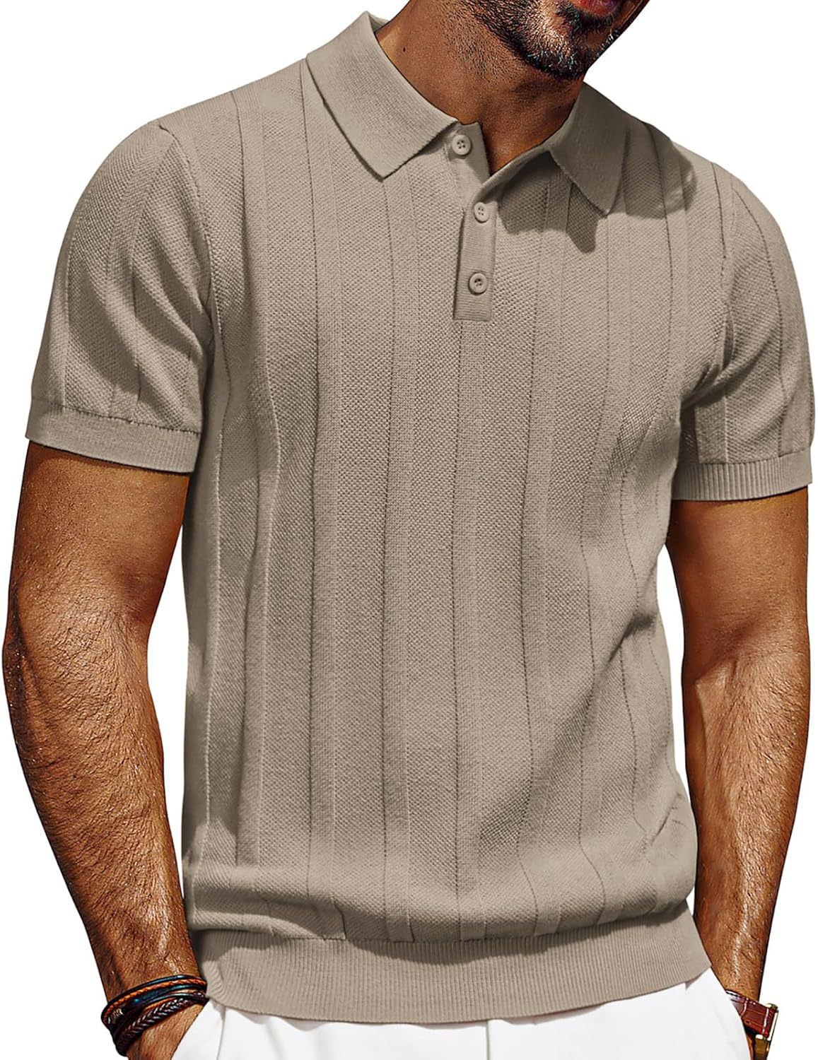 Mens Polo Shirts Short Sleeve Textured Knit Polo Shirt Ribbed Casual Golf Shirts