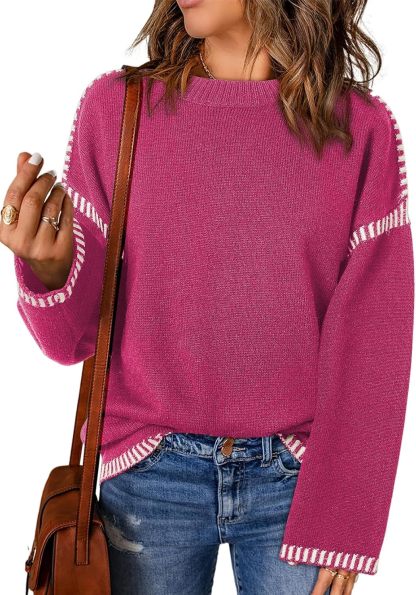 Women’s Casual Loose Fit Long Sleeve Solid Colour Crewneck Knit Sweater