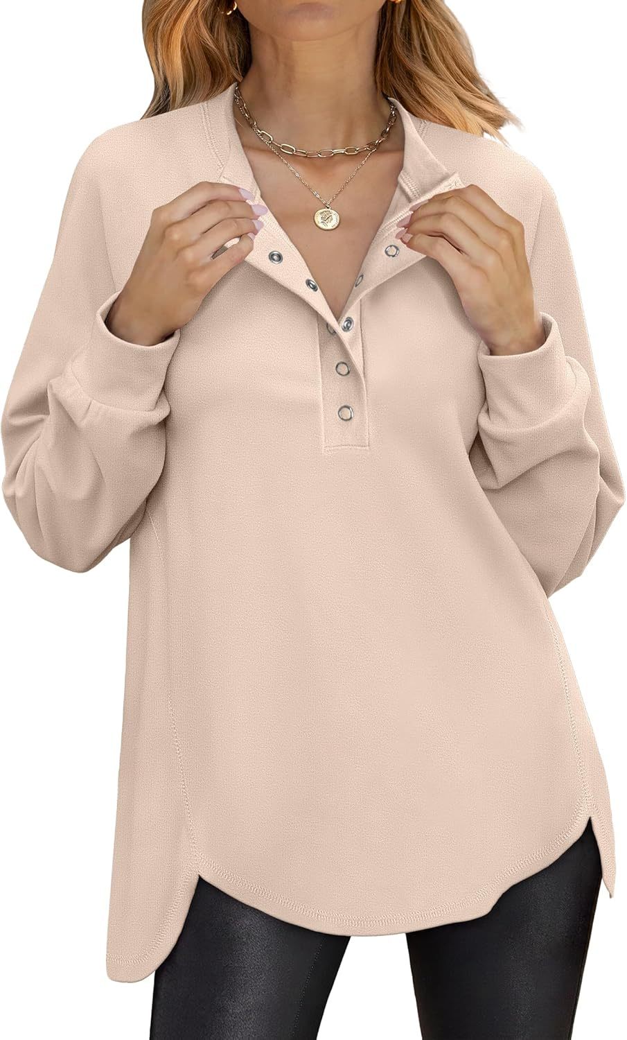 Women's Long Sleeve Henley Tops Tunic Sweatshirt Loose Slit Casual Button Shirts Pullover 2025 Fall Winter Outfits