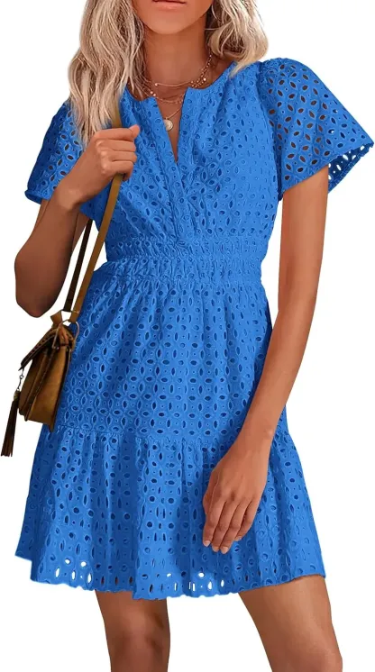PRETTYGARDEN Womens 2025 Summer Short Dress V Neck Short Sleeve A Line Hollow Out Lace Ruffle Cute Casual Beach Party Dresses