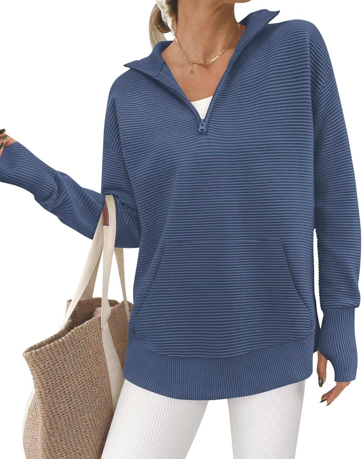 BTFBM Sweaters for Women Fall Winter Clothes 2025 Pocket Quarter Zip Pullover V Neck Long Sleeve Knit Trendy Sweater