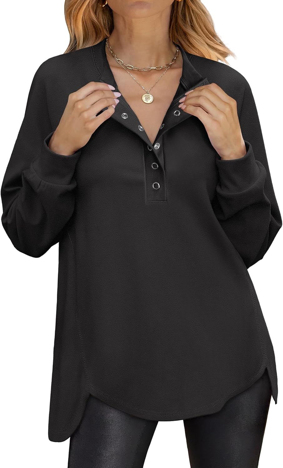 Women's Long Sleeve Henley Tops Tunic Sweatshirt Loose Slit Casual Button Shirts Pullover 2025 Fall Winter Outfits