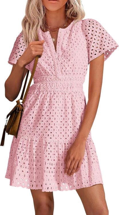 PRETTYGARDEN Womens 2025 Summer Short Dress V Neck Short Sleeve A Line Hollow Out Lace Ruffle Cute Casual Beach Party Dresses
