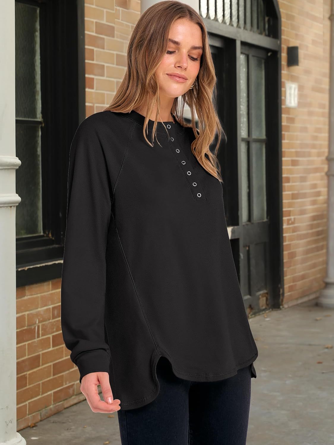 Women's Long Sleeve Henley Tops Tunic Sweatshirt Loose Slit Casual Button Shirts Pullover 2025 Fall Winter Outfits