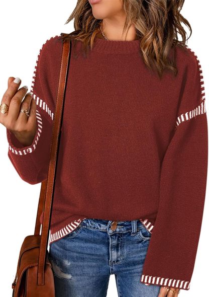 Women’s Casual Loose Fit Long Sleeve Solid Colour Crewneck Knit Sweater