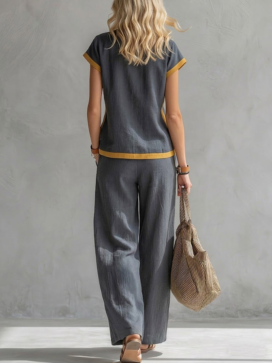 Women's Round Neck Short Sleeve Casual Loose Top And High-waisted Casual Loose Wide-leg Pants Cotton And Linen Set