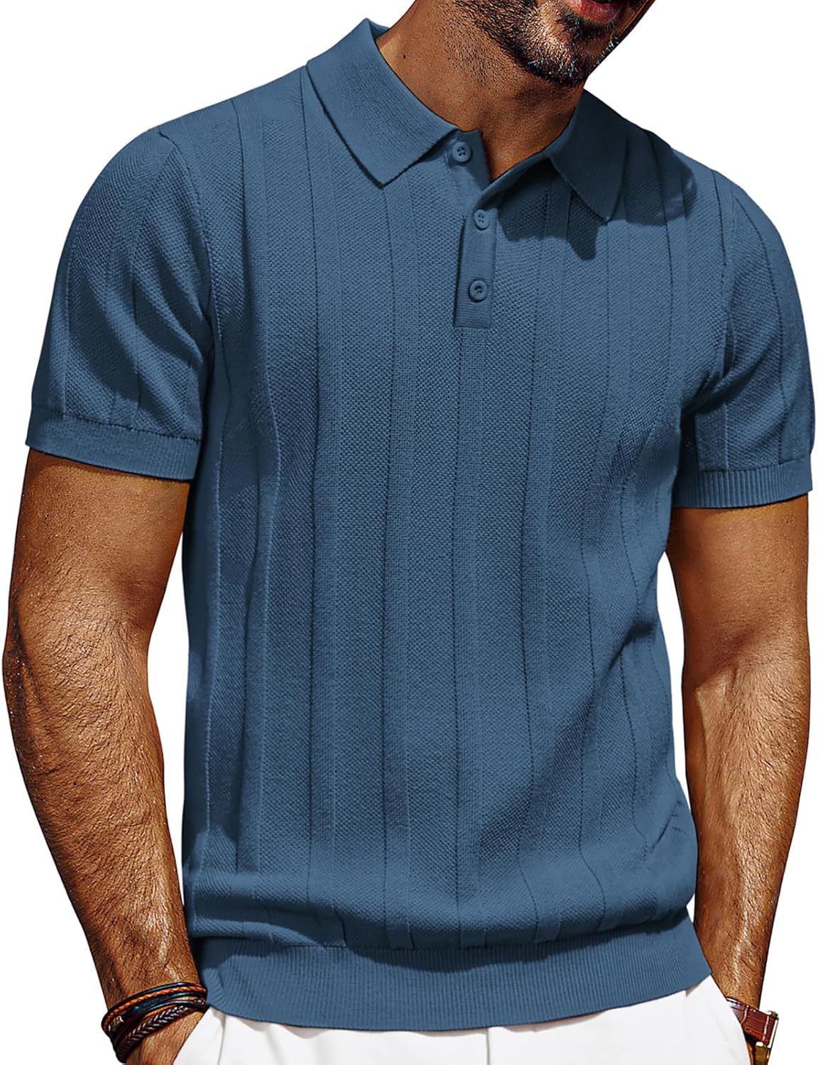 Mens Polo Shirts Short Sleeve Textured Knit Polo Shirt Ribbed Casual Golf Shirts