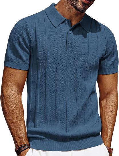 Mens Polo Shirts Short Sleeve Textured Knit Polo Shirt Ribbed Casual Golf Shirts