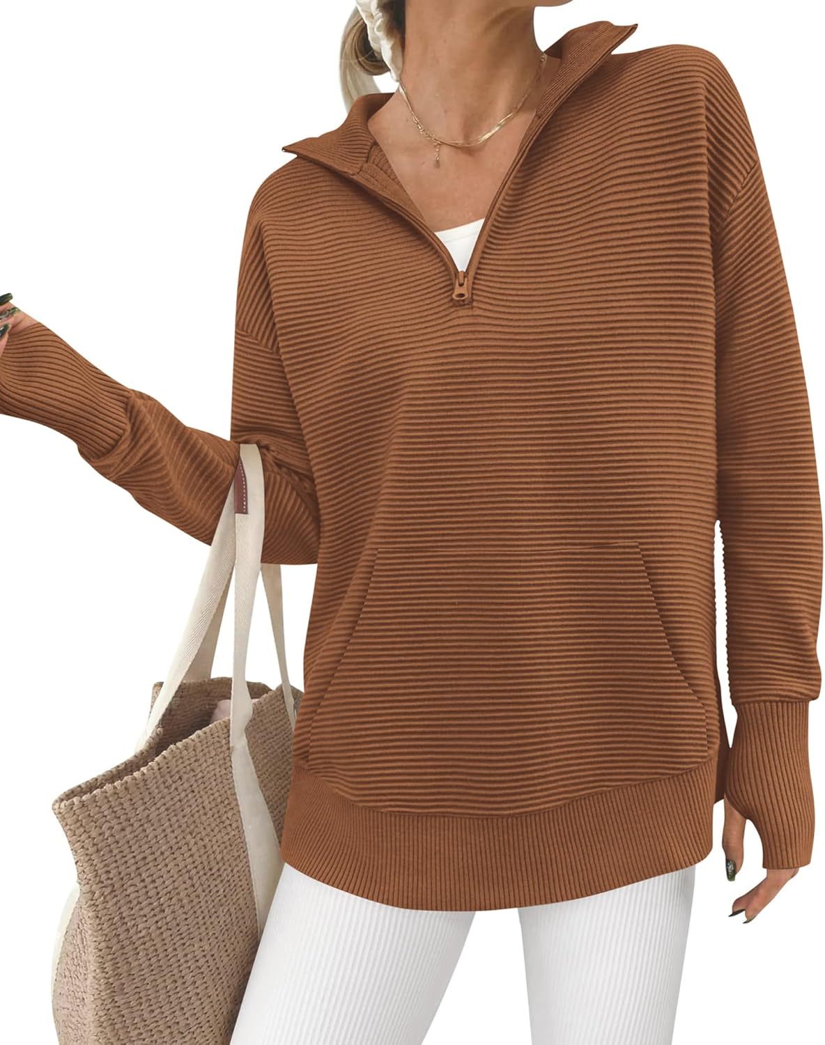 BTFBM Sweaters for Women Fall Winter Clothes 2025 Pocket Quarter Zip Pullover V Neck Long Sleeve Knit Trendy Sweater