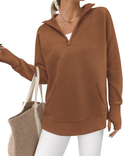 BTFBM Sweaters for Women Fall Winter Clothes 2025 Pocket Quarter Zip Pullover V Neck Long Sleeve Knit Trendy Sweater