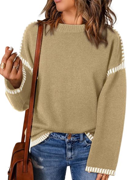 Women’s Casual Loose Fit Long Sleeve Solid Colour Crewneck Knit Sweater
