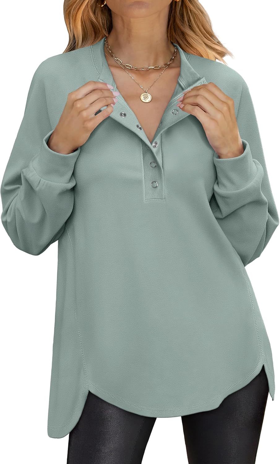 Women's Long Sleeve Henley Tops Tunic Sweatshirt Loose Slit Casual Button Shirts Pullover 2025 Fall Winter Outfits