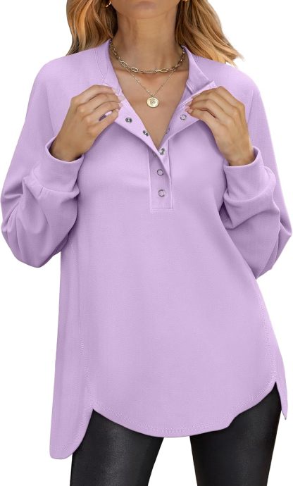 Women's Long Sleeve Henley Tops Tunic Sweatshirt Loose Slit Casual Button Shirts Pullover 2025 Fall Winter Outfits