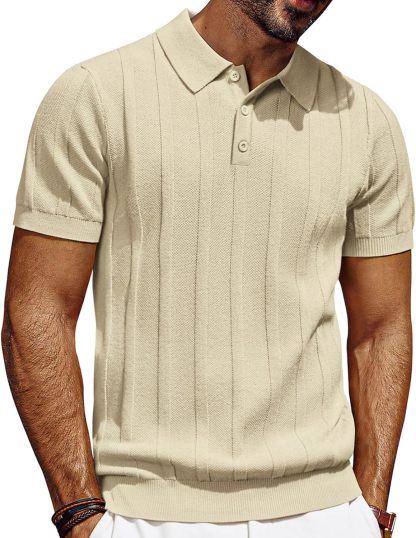 Mens Polo Shirts Short Sleeve Textured Knit Polo Shirt Ribbed Casual Golf Shirts