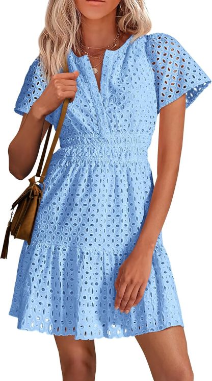 PRETTYGARDEN Womens 2025 Summer Short Dress V Neck Short Sleeve A Line Hollow Out Lace Ruffle Cute Casual Beach Party Dresses