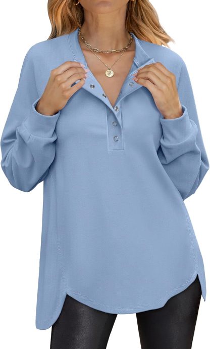 Women's Long Sleeve Henley Tops Tunic Sweatshirt Loose Slit Casual Button Shirts Pullover 2025 Fall Winter Outfits