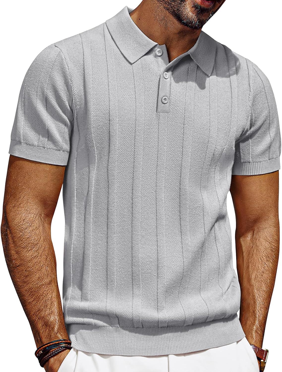 Mens Polo Shirts Short Sleeve Textured Knit Polo Shirt Ribbed Casual Golf Shirts