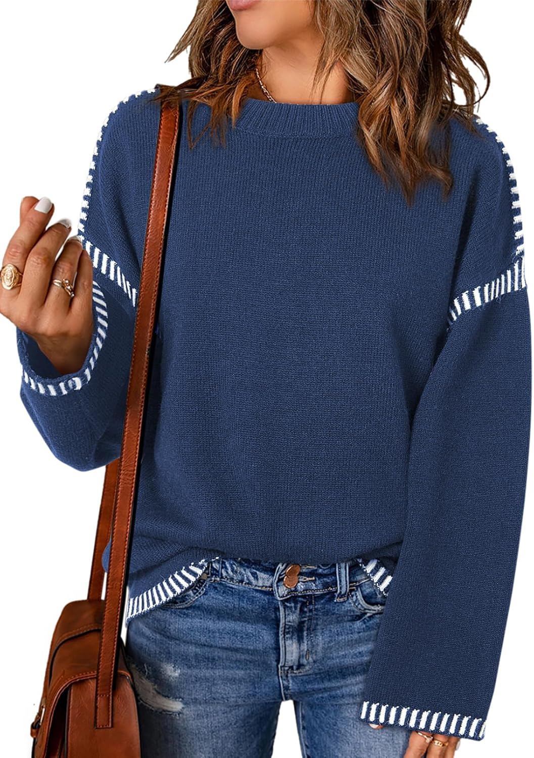 Women’s Casual Loose Fit Long Sleeve Solid Colour Crewneck Knit Sweater