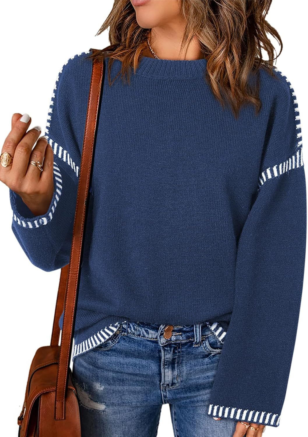 Women’s Casual Loose Fit Long Sleeve Solid Colour Crewneck Knit Sweater