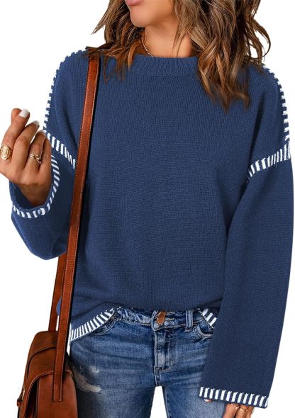 Women’s Casual Loose Fit Long Sleeve Solid Colour Crewneck Knit Sweater