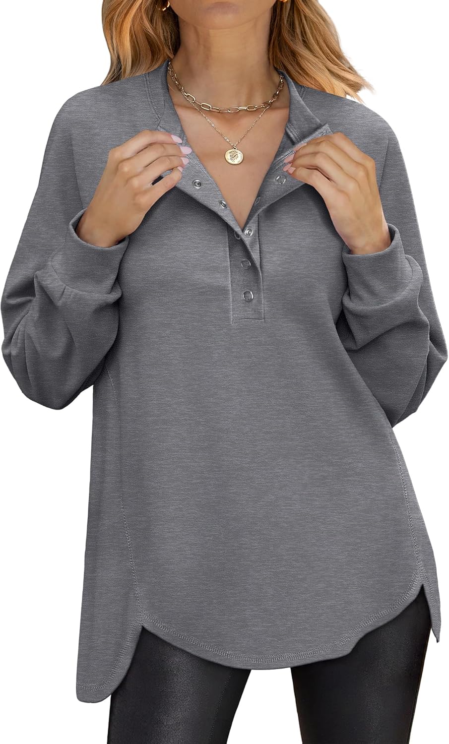 Women's Long Sleeve Henley Tops Tunic Sweatshirt Loose Slit Casual Button Shirts Pullover 2025 Fall Winter Outfits