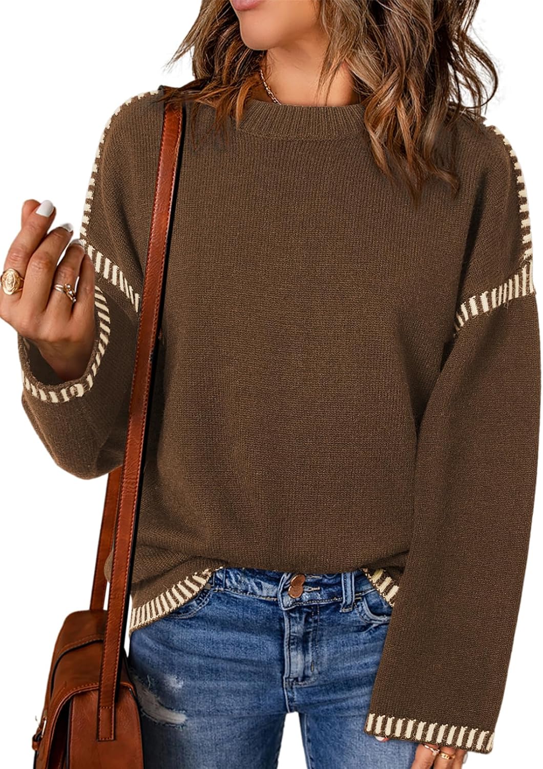 Women’s Casual Loose Fit Long Sleeve Solid Colour Crewneck Knit Sweater