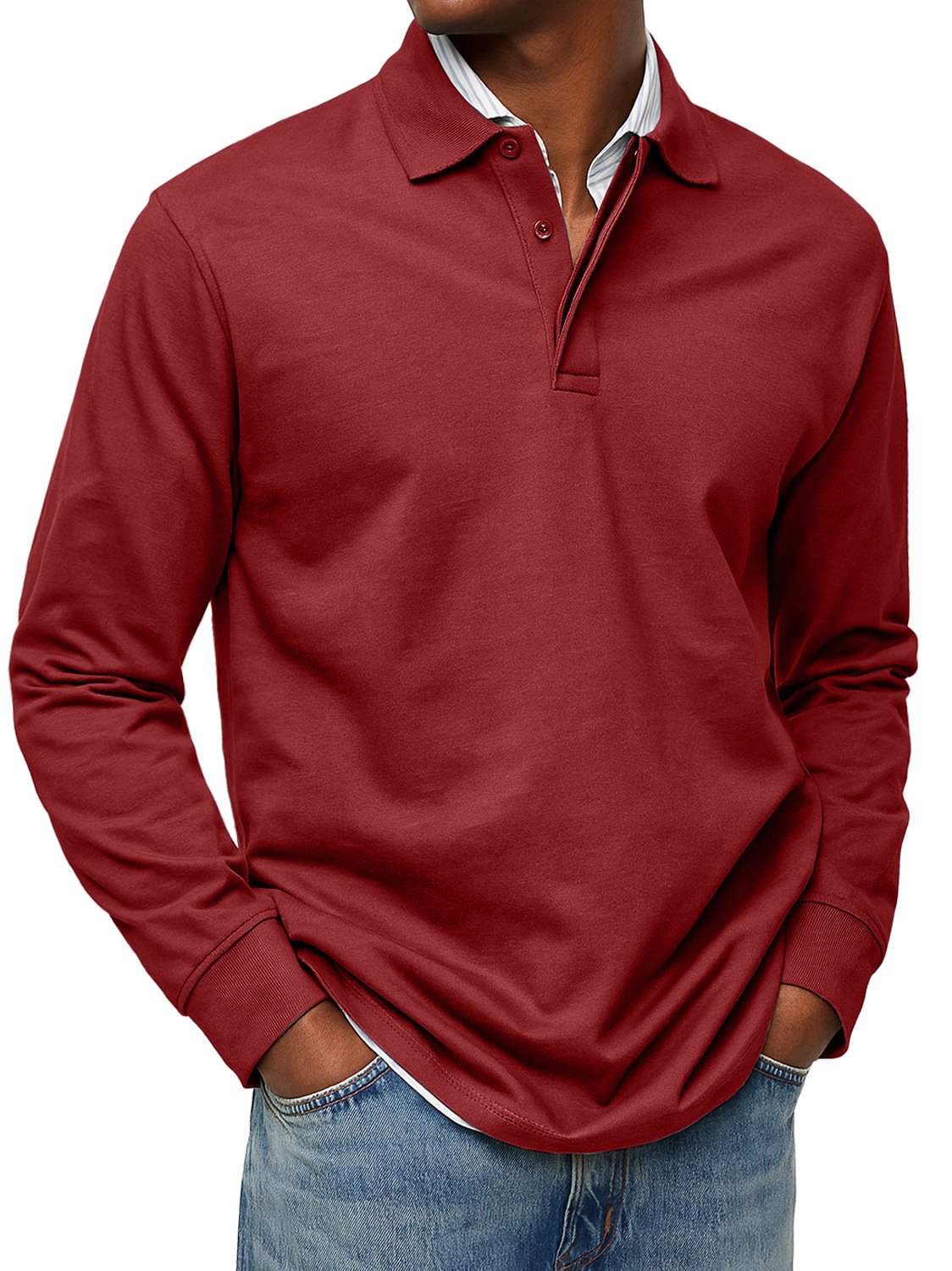 Men's Daily Double-layer Lapel Button-down Solid Color Long-sleeved Polo Shirt