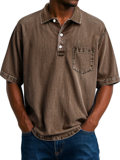 Men's Vintage 100% Cotton Washed Distressed Lapel Pocket Casual Short Sleeve POLO Shirt