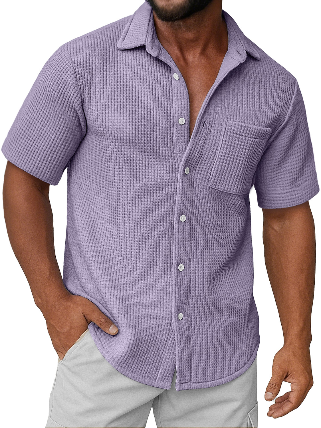 Men's Daily Waffle Texture Casual Pocket Comfort Short Sleeve Shirt