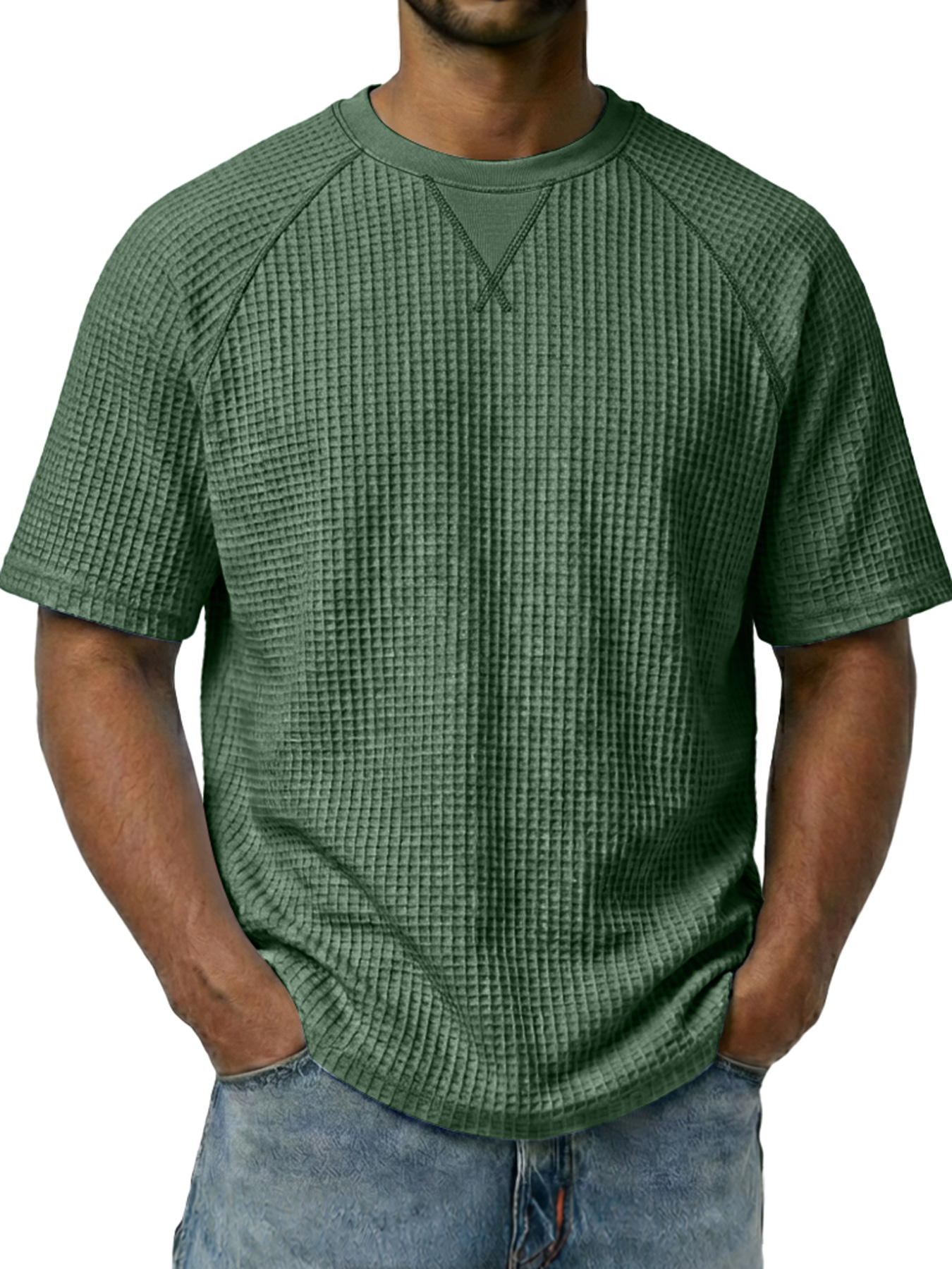 Men's Waffle-knit Crew Neck Raglan Sleeve Casual Short-sleeved T-shirt