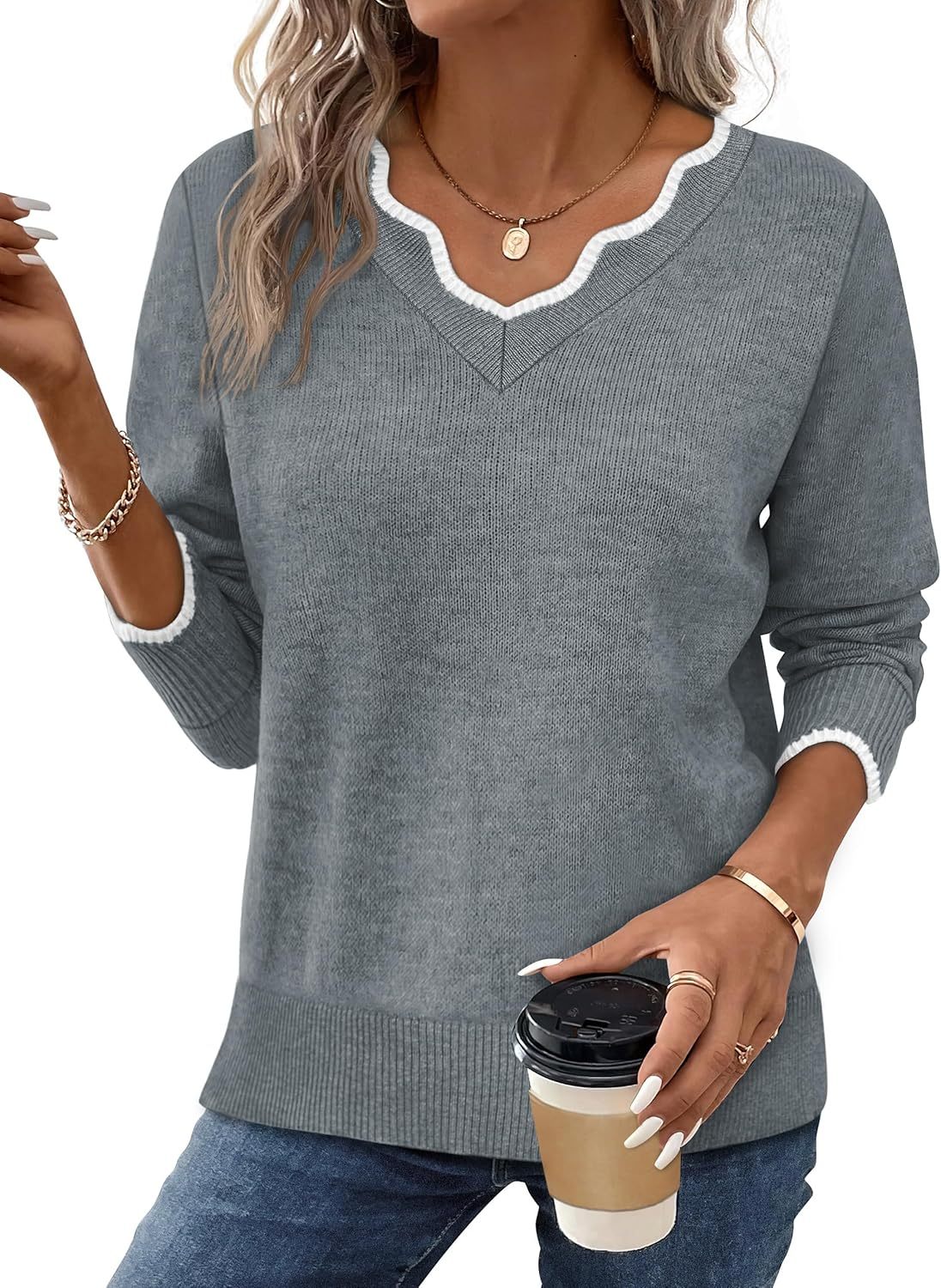 OFEEFAN Womens V Neck Sweaters Pullover Cozy Lightweight Sweaters Long Sleeve Tops Fall Outfits 2025