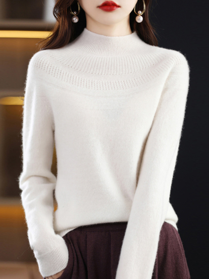 Office Raglan Sleeve Hollow Solid Color High-Neck Sweater Tops