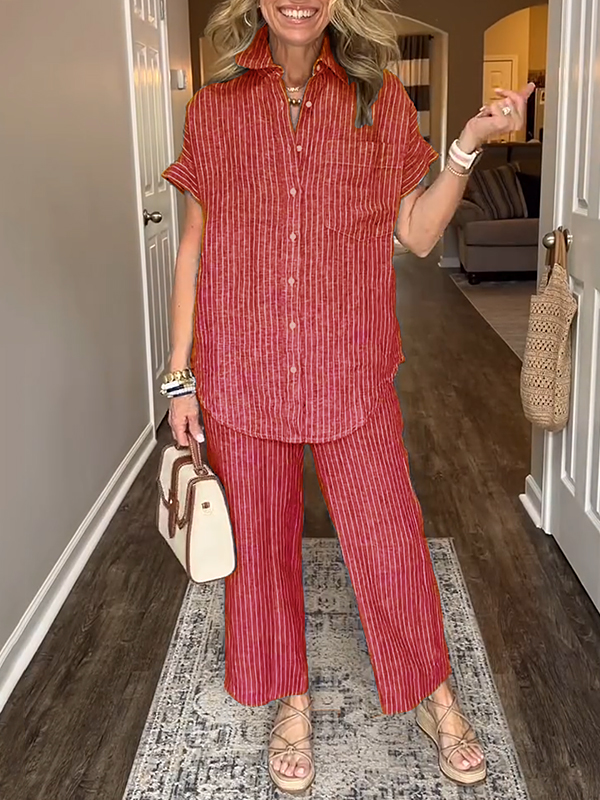 ⏰ LAST DAY SAVE 50% 💥Cotton Linen Striped Classic Pocket Shirt Set