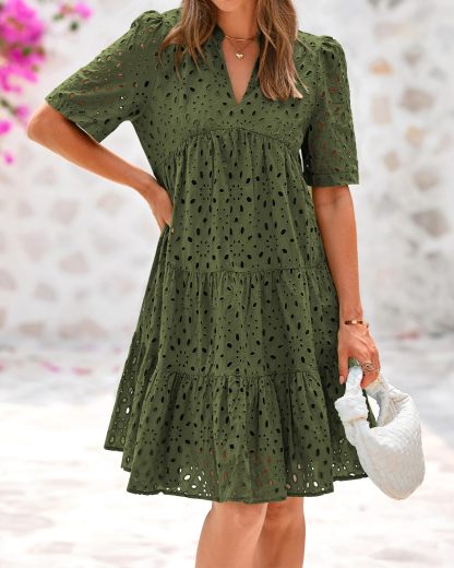 HOT SALE Women's V Neck Short Sleeve Hollow Out Lace Ruffle Summer Dresses