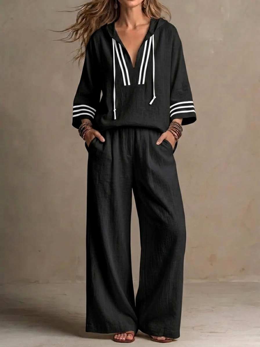 Women's Casual Relaxed Hoodie And Wide-leg Pants Cotton-linen Set