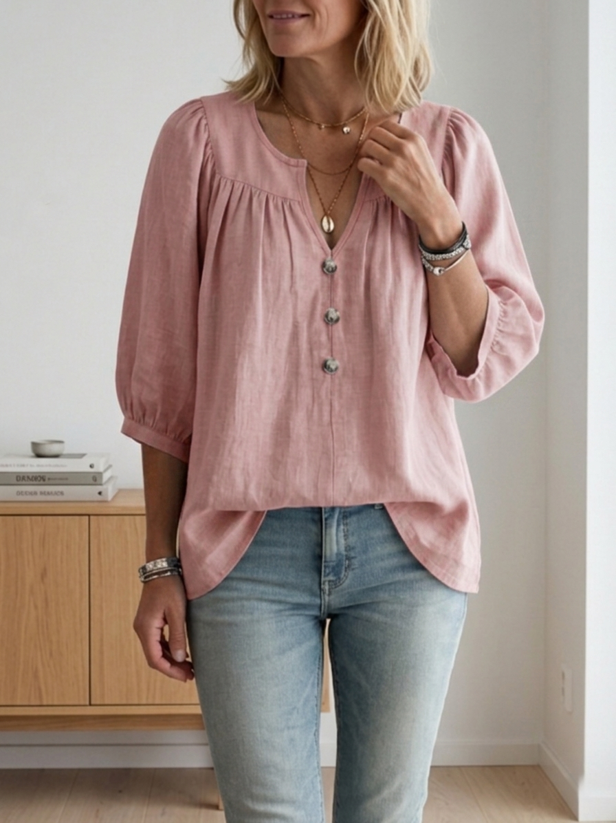 Women's Simple Cotton And Linen Half Sleeves Top