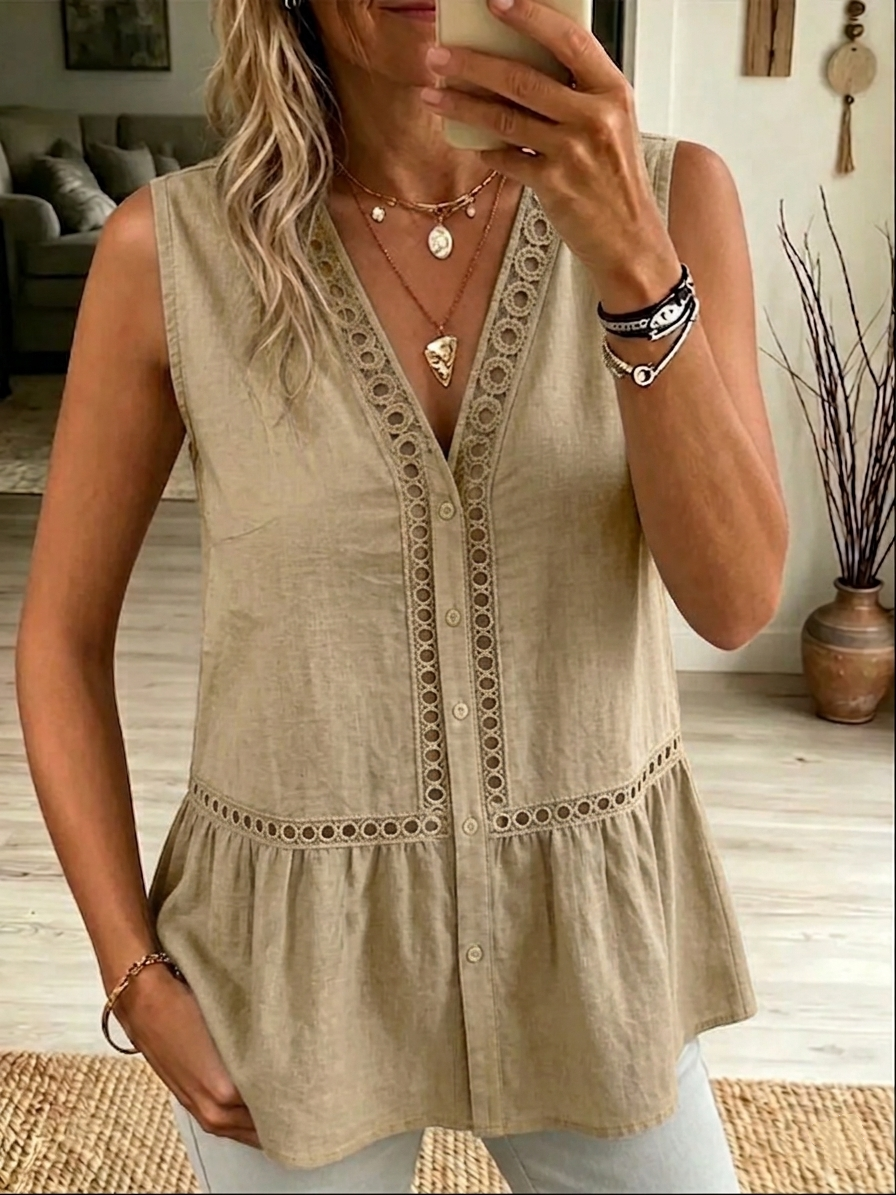 Women's Casual Solid Color V-neck Bohemian Sleeveless Top