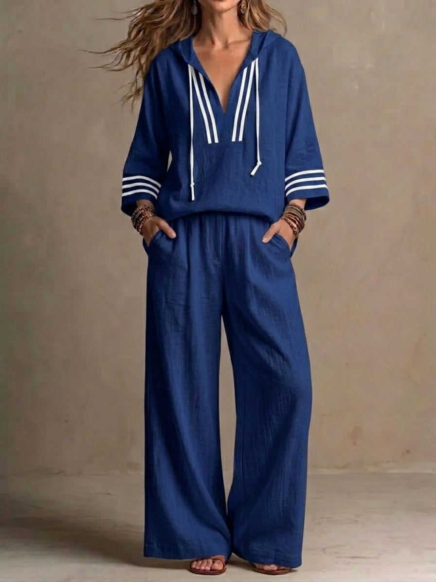 Women's Casual Relaxed Hoodie And Wide-leg Pants Cotton-linen Set