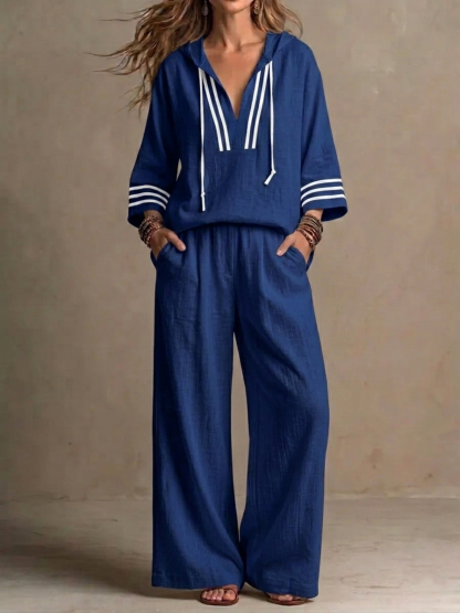 Women's Casual Relaxed Hoodie And Wide-leg Pants Cotton-linen Set