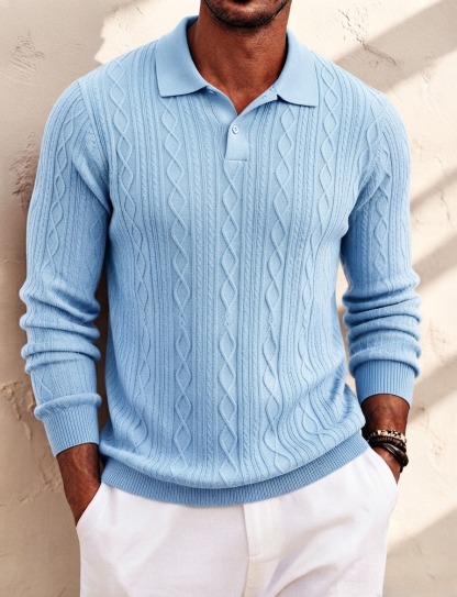 Men's Cable Knit Long‑Sleeve Polo Shirt