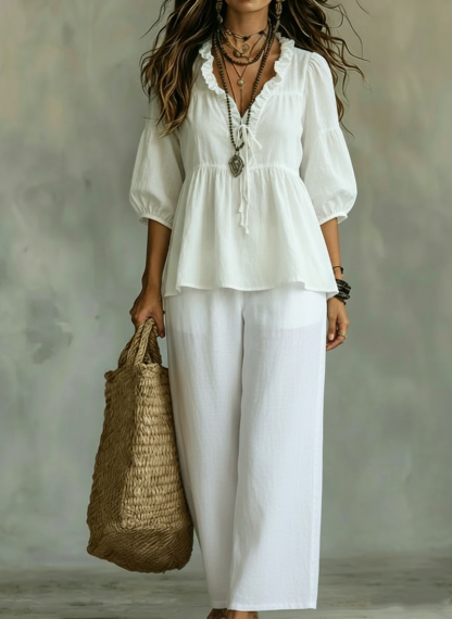 New Arrivals💥 Women's Casual ruffled collar cotton and linen two-piece set 