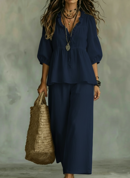 New Arrivals💥 Women's Casual ruffled collar cotton and linen two-piece set 