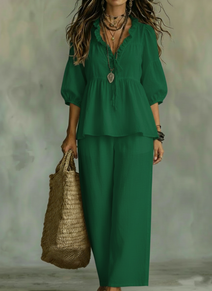 New Arrivals💥 Women's Casual ruffled collar cotton and linen two-piece set 