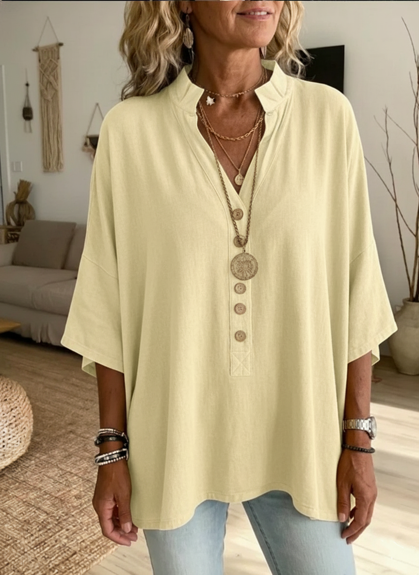 NEW🔥 Women's Solid-color V-neck Short-sleeve Casual Loose Cotton-linen Top