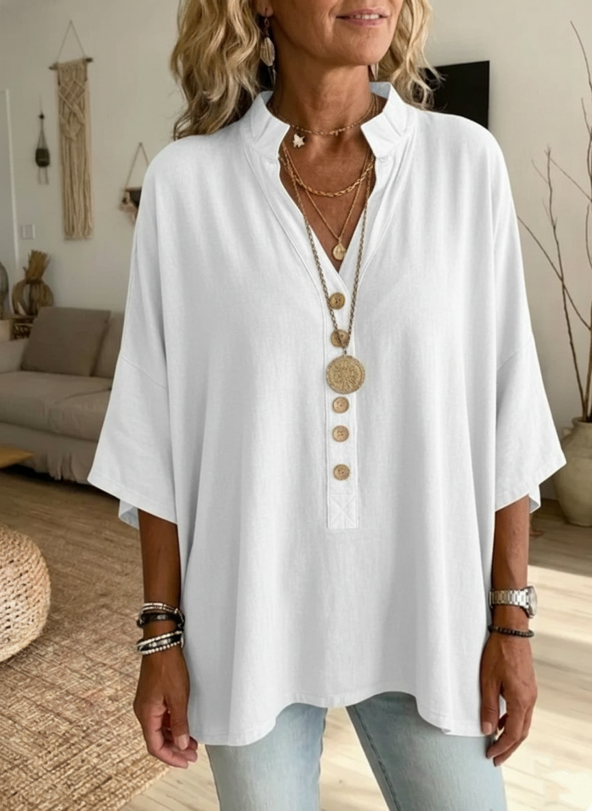 NEW🔥 Women's Solid-color V-neck Short-sleeve Casual Loose Cotton-linen Top