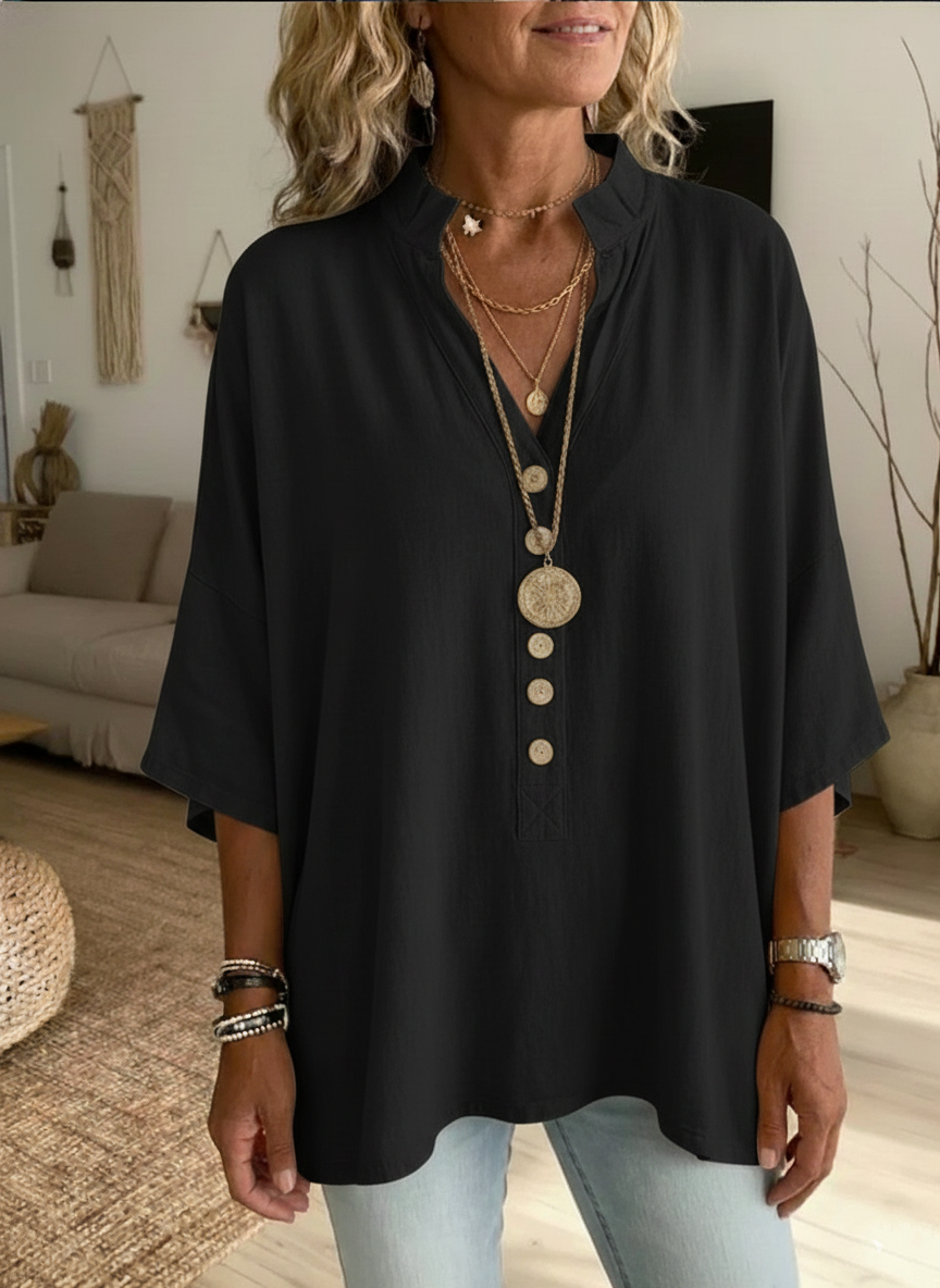 NEW🔥 Women's Solid-color V-neck Short-sleeve Casual Loose Cotton-linen Top