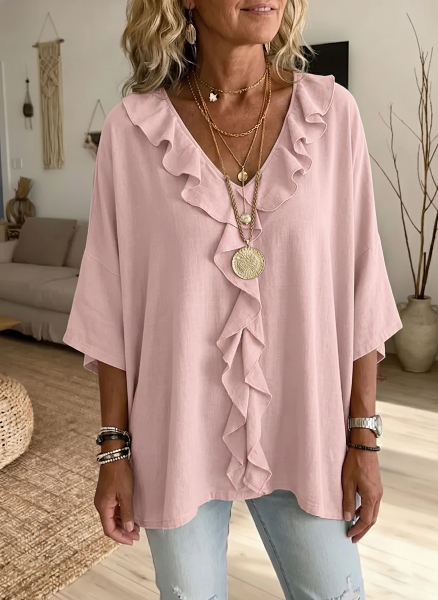 NEW🔥 Women's Solid-color Ruffled V-neck 3/4-sleeve Casual Loose Cotton-linen Top
