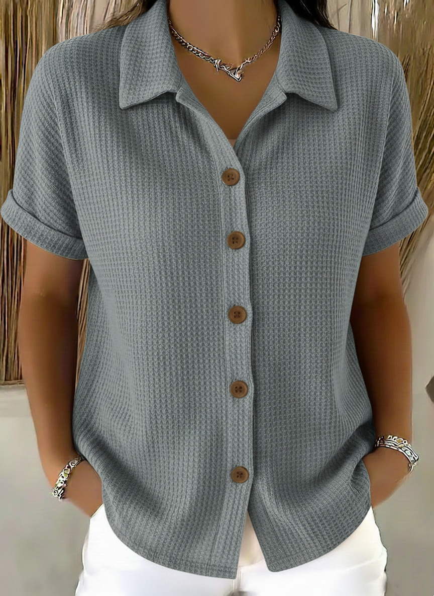 Casual Polo-collar Button-up Waffle Shirt
